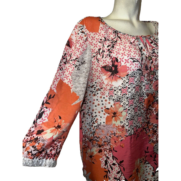 CHICO'S Top XL (3) Orange Pink Brown Floral Rayon Nylon Popover V-Neck Tunic - Picture 3 of 6